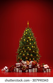 Heap Of Gifts Under A Christmas Tree On A Red Background With Copy Space (3D Rendering)