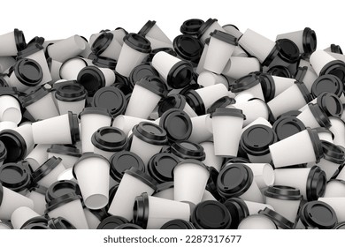 Heap of paper coffee cups with cover for cappuccino, americano, espresso, mocha, latte, cocoa on white background. 3d render of concept takeaway food and drink in recycling packaging - Powered by Shutterstock