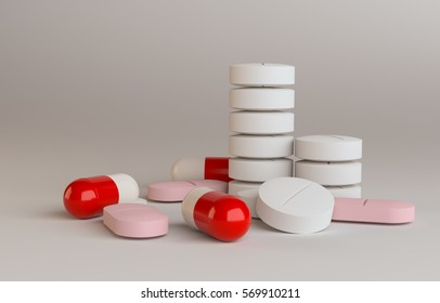 Heap of Pills, on gradient background. 3D Rendering