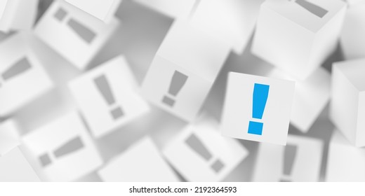 Heap Of White Cubes With Grey Exclamation Marks And One Blue Exclamation Mark, Idea, Solution Or Communication Business Concept Background, Selective Focus, 3D Illustration