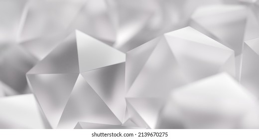 Heap of white frosted glass low poly sphere geometry primitives or icosahedrons with selective focus, modern minimal abstract polygon background, 3D illustration