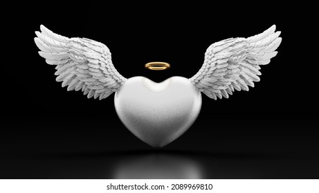 Heart with angel wings and gold ring love symbol. Wedding theme. 3D illustration