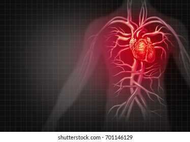 Heart attack and chest pain medical cardiovascular disease as an illness of a human circulation organ in a 3D illustration style.