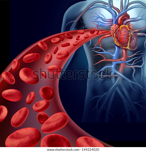 Heart blood health with red cells flowing\
through three dimensional veins from the human circulatory system\
representing a medical health care symbol of cardiology and\
cardiovascular\
fitness.