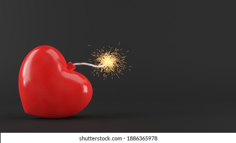 Heart Bomb With Burning And Sparking Fuse. Valentines Day Design Concept. 3D Rendered Image.