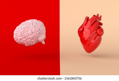 Heart And Brain 3d Rendering. Emotions And Rational Thinking Conflict Concept. Soul And Intelligence Balance 