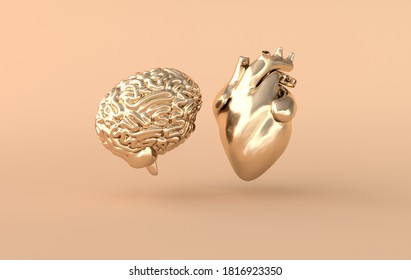 Heart And Brain 3d Rendering. Emotions And Rational Thinking Conflict Concept. Soul And Intelligence Balance 