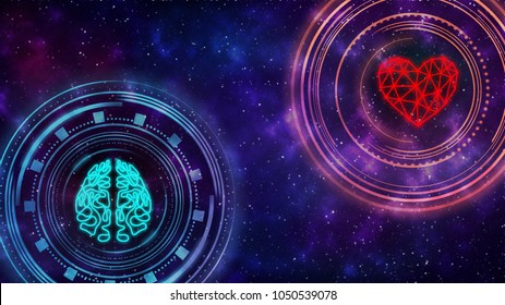 Heart and brain. Digital interface. Starry sky in the background