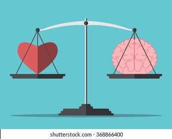 Heart And Brain On Scales. Balance, Love, Mind, Intelligence, Logic Concept. Flat Style