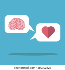 Heart and brain in the white cloud on blue background. Mind, logic, emotion and love concept. Flat design