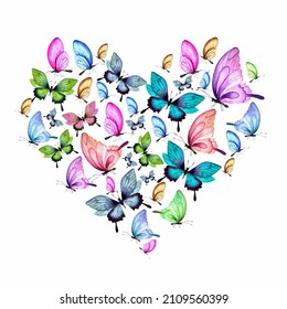 Heart of butterflies. Wedding watercolor flowers. Pink and blue butterflies. Isolated on a white background. Flower heart - pink and blue hydrangea flowers. Watercolor for valentine's day, wedding - Powered by Shutterstock