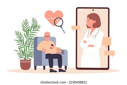 Heart checkup online for senior people  illustration. Cartoon old man patient using mobile phone app to visit doctor cardiologist, check beat and pressure. Cardiology, telemedicine concept - Powered by Shutterstock