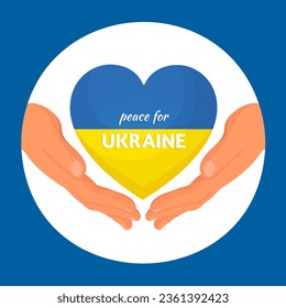 Heart in the colors of the Ukraine flag with the text Peace for Ukraine, holding hands, peace icons.  Support for Ukraine, anti military movement, anti war protest. International Day of Peace - Powered by Shutterstock