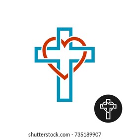 Heart And Cross Love Religion Theme Logo. Outline Tattoo Style Interlace Shapes.