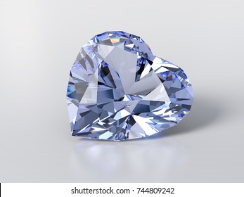 Heart cut light blue sapphire lying white mirror background and slight reflection  shadow  Close  up view  3D rendering illustration 