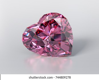 Heart cut pink diamond  lying white mirror background and slight reflection  shadow  Close  up view  3D rendering illustration 