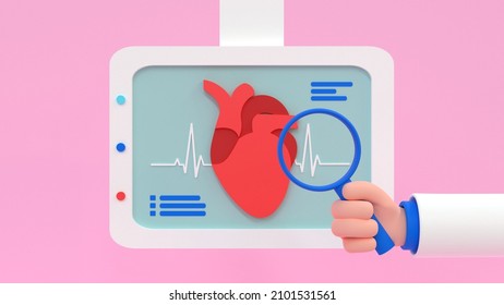 Heart Disease Diagnosis Concept. Cartoon doctor hand with a magnifying glass in front of a monitor with icon of heart. 3d render illustration.