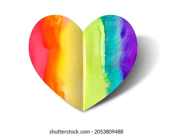 Heart Drawn With Watercolors In A Rainbow. Smooth Paint Transition. Lgbt Support. Human Rights. Poster, Banner. Illustration In Paper Style. 3D Image.