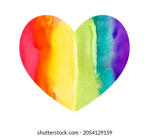 Heart Drawn With Watercolors In A Rainbow. Smooth Paint Transition. Lgbt Support. Human Rights. Poster, Banner. Bright Illustration Flat.