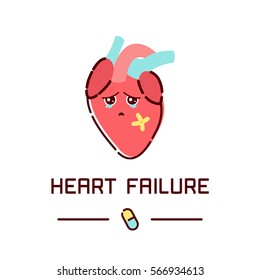 Heart Failure Disease Awareness Poster With Sad Cartoon Character On White Background. Human Body Organs Anatomy Icon. Medical Concept. 