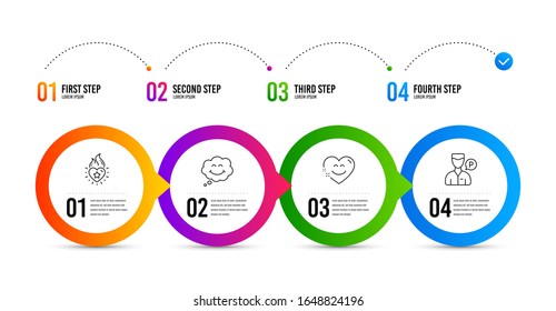 Heart Flame, Smile And Smile Chat Line Icons Set. Timeline Infographic. Valet Servant Sign. Love Fire, Comic Chat, Heart Face. Parking Man. People Set. Heart Flame Icon. Timeline Diagram.