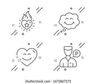 Heart Flame, Smile And Smile Chat Line Icons Set. Valet Servant Sign. Love Fire, Comic Chat, Heart Face. Parking Man. People Set. Line Heart Flame Outline Icon.