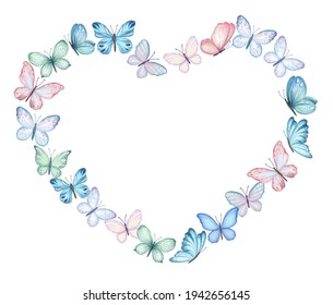 Heart Frame, ring, wreath with butterflies isolated on white background. Watercolor. Illustration. Template, blue, yellow, pink and red butterfly spring illustration.