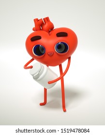 Heart Guy Opens Up A Jar Of Pills, 3d Render