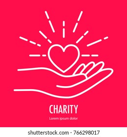 Heart In Hand Symbol Line Icon. Logo Template For Charity And Donation, Voluntary And Non Profit Organization.  Illustration Isolated On Red Background.