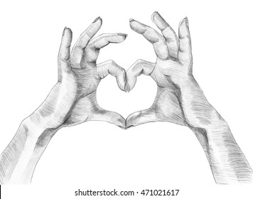 Heart hands  Hands making heart sign  Hand drawing in pencil  Illustration isolated white background 