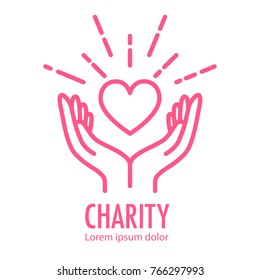 Heart In Hands Symbol Line Icon. Logo Template For Charity And Donation, Voluntary And Non Profit Organization.  Illustration Isolated On White