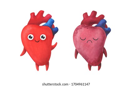 Heart. Healthy And Diseased Organ. Watercolor Children's Illustration. Characters Isolated On A White Background. Red Color. Cartoon Anatomy.Stock Image.