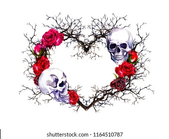 Heart and human skull  Branches  red rose flowers  Watercolor for Halloween