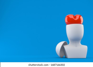 Heart Inside Head Isolated On Blue Background. 3d Illustration