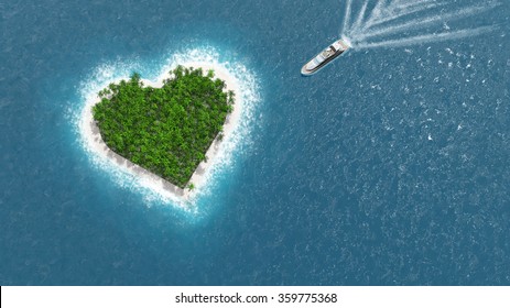 Heart island. A luxury boat is sailing to the island. Love concept.