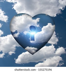 Heart with key in clouds