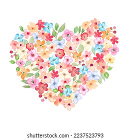 Heart made of watercolor flowers.  Valentine's Day card.Hand drawn  illustration isolated on white background. For packaging,  wrapping design or print.