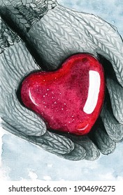 Heart In Mittens Watercolor Illustration 