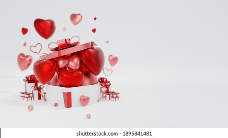 Heart model bursting out the gift box With ball   star element   Background illustration about 14 February   Valentine's Day 3D rendering 