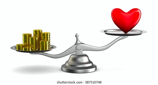 Heart And Money On Scales. Isolated 3D Image