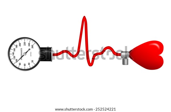 心臓と心の形をした血圧計ポンプと血圧計の形を持つ心臓モニター 心電図または心電図 のイラスト素材