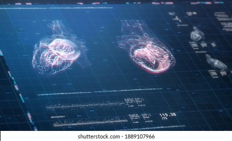 Heart MRI scanning 3D illustration. Cardiac computed tomography. X-ray monitoring device. Diagnosis of diseases. Hospital research. Futuristic hi-tech screen. Cardiology. Medical concept visualization