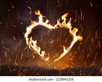Heart on Fire with dark background. Love message for valentines day.