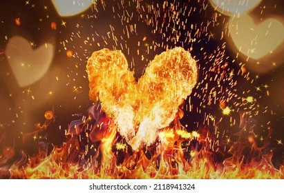 Heart on Fire with dark background. Love message for valentines day.