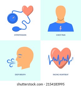 Heart Problems And Hypertension Icon Set In Flat Style. High Blood Pressure, Chest Pain And Racing Heartbeat Symbols.