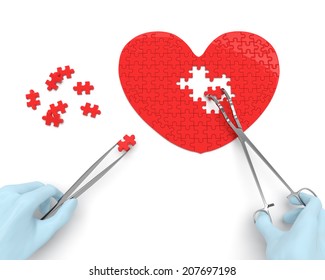 Heart Puzzle And Hands Of Cardiac Surgeon With Surgical Instruments