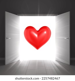 The heart in rays of light flies through the open doors. Valentine's Day. The concept of a new love relationship. Minimalist style. 3d rendering. 
