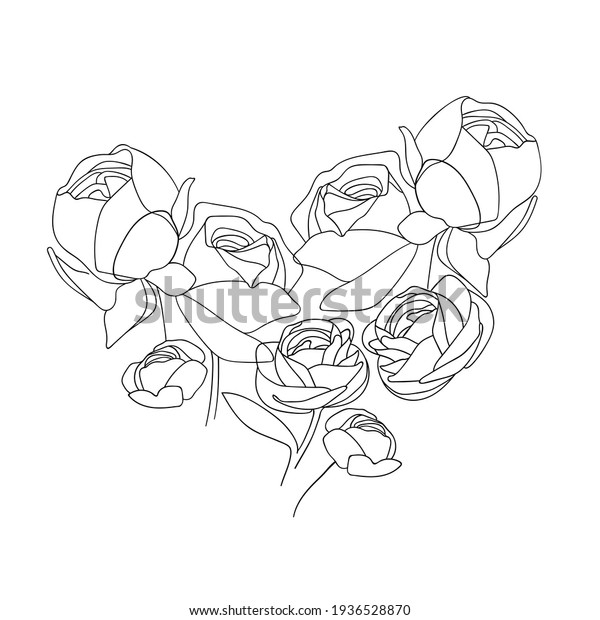 ミニマリズムのスタイルのバラの心 白い背景にバラの花が線画 のイラスト素材