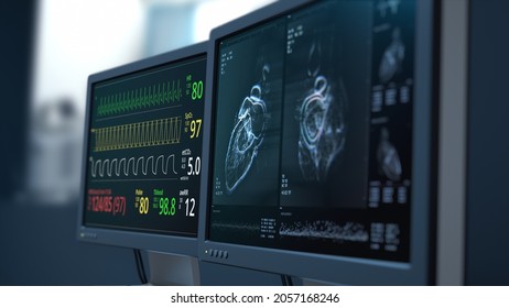 Heart scan MRI concept. Cardiology. Blood pressure, heart rate, oxygen saturation are displayed on modern high-tech screen. Health data. Diagnosis of disease. Futuristic MRI 3D render visualization