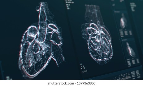 Heart Scan Screen 3D Illustration. Blood Pressure And Heart Rate Are Displayed On A Modern High-tech Screen. Health Data. Diagnosis Of Disease. Futuristic MRI Visualization With Depth Of Field Effect